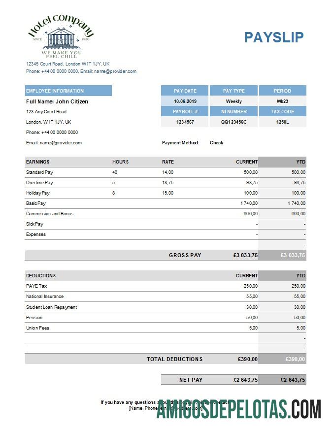 Em branco Modelo de folha de pagamento de empresa hoteleira em formatos Excel e PDF